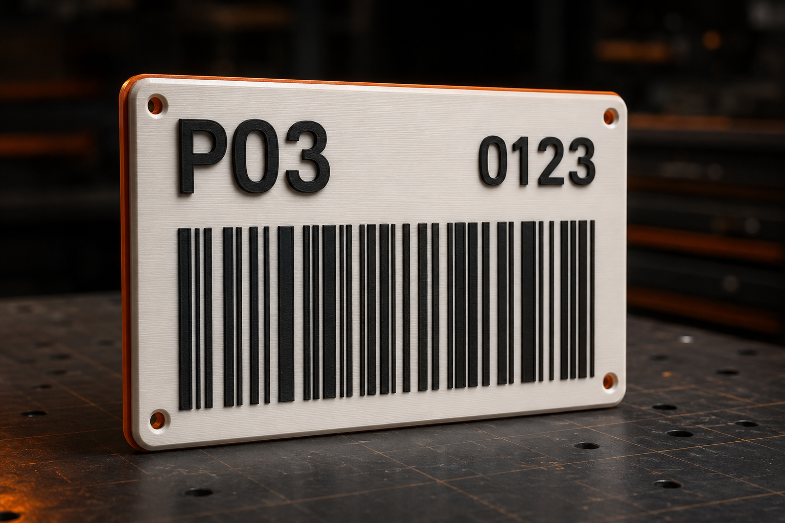 White 3D-printed warehouse plate with raised black P03 and 0123 text and a black barcode